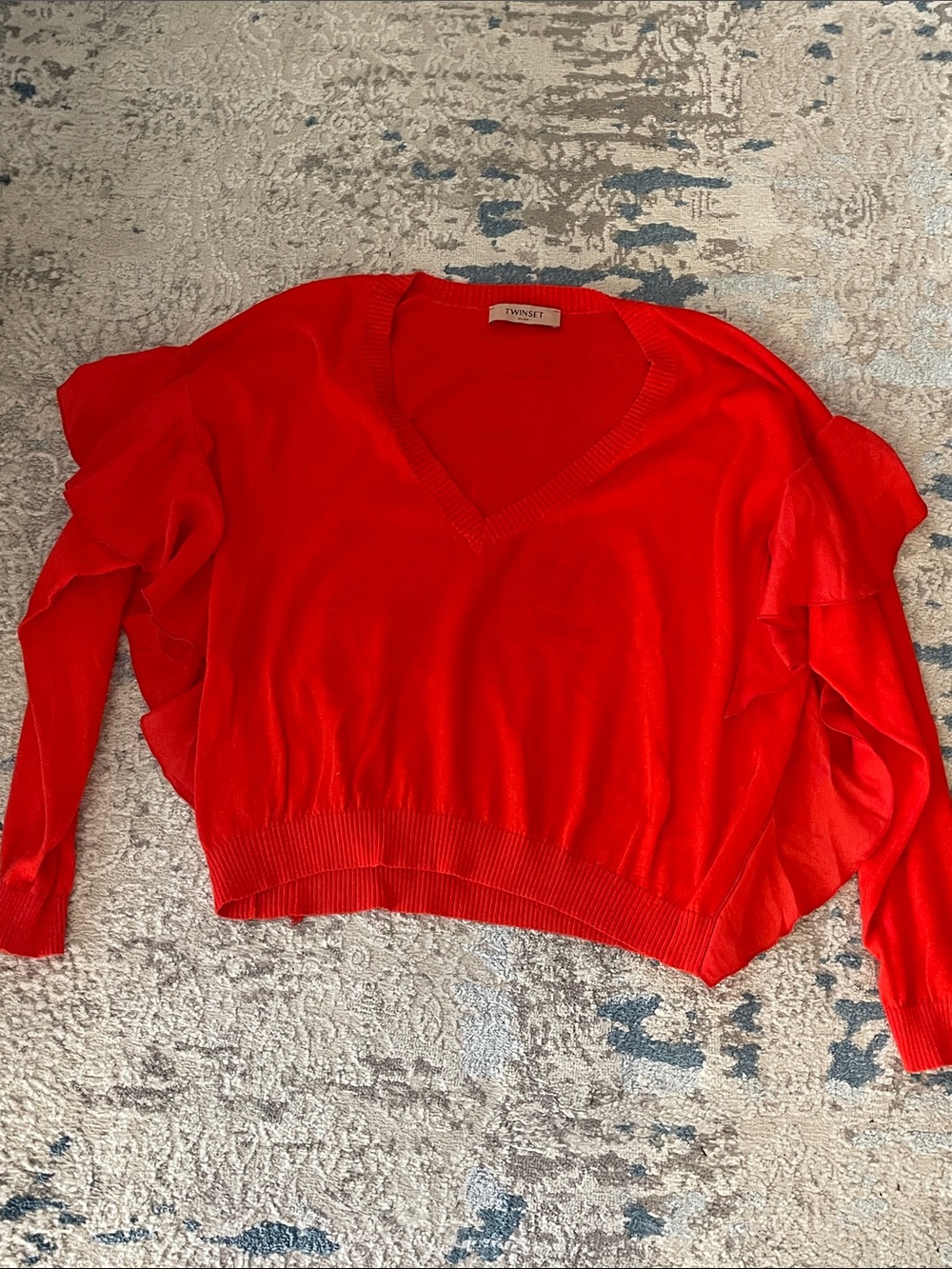 Twin-Set Bright Red V-Neck Ruffle Sleeve Sweater